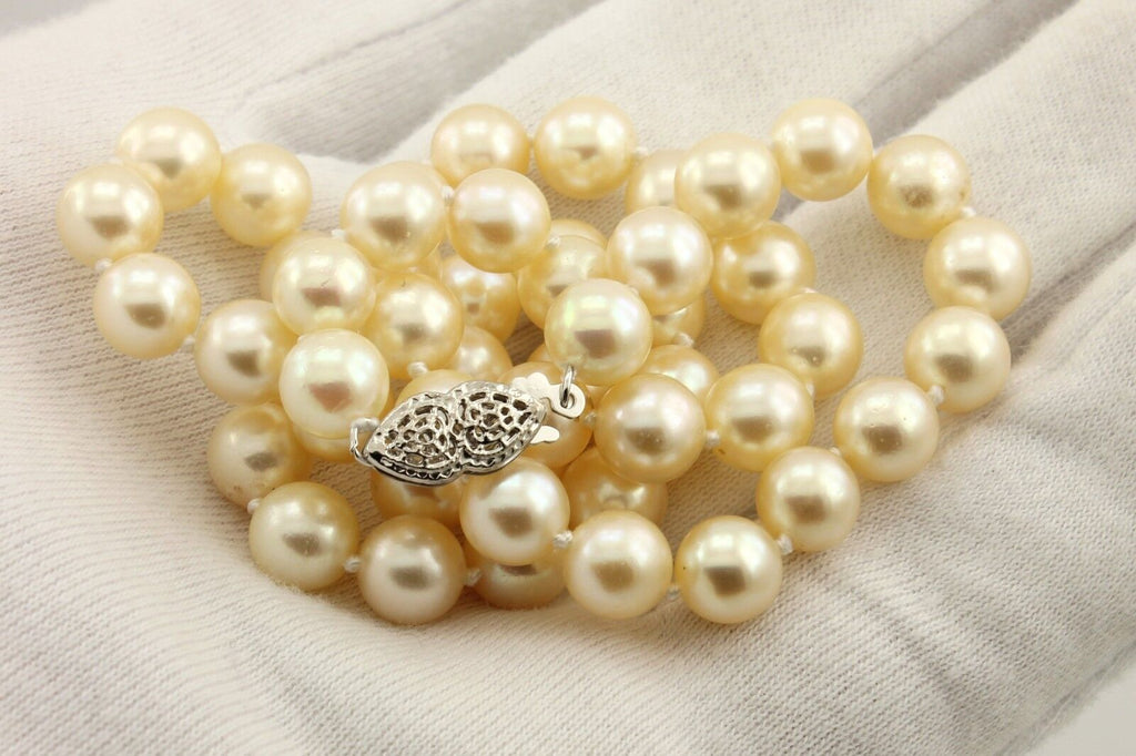 16" cultured pearl necklace 7-7.5mm round cream 14k white gold heart clasp NEW