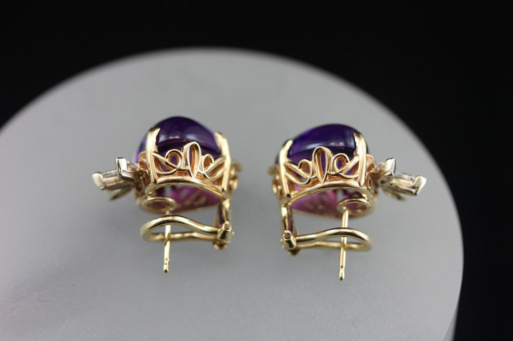 14k yellow gold purple amethyst heart diamond omega pierced earrings estate