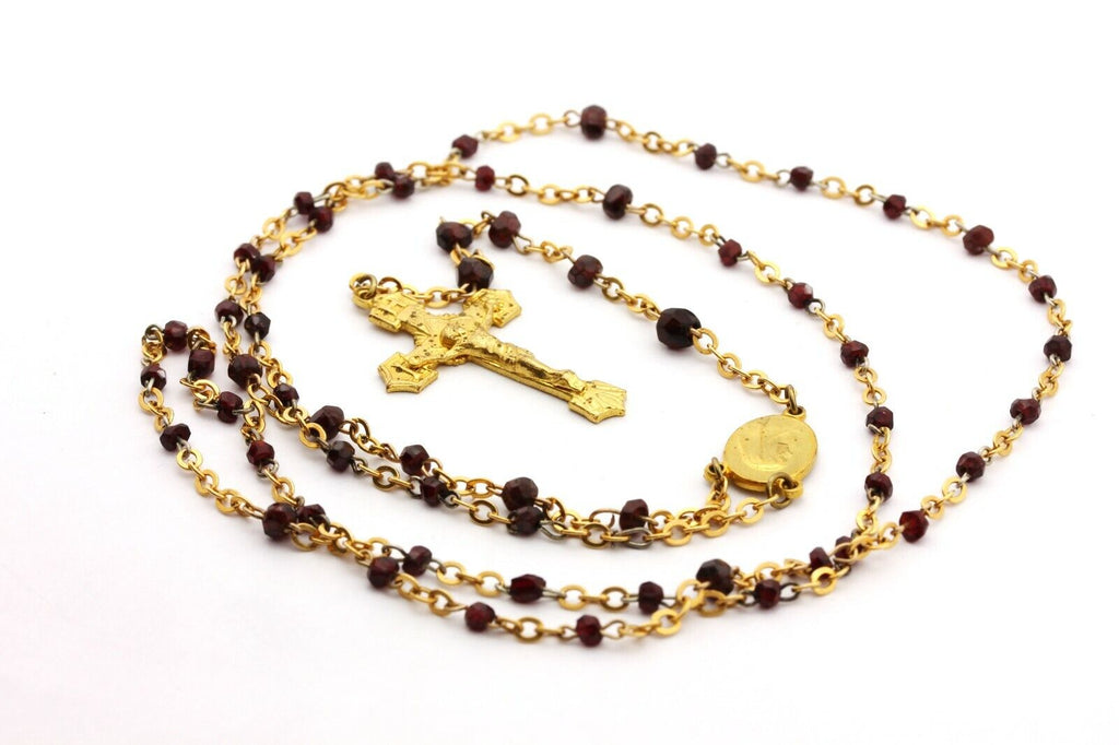 garnet rosary crucifix Czechoslovakia 29 inch necklace 5.5 inch lariat 12.37g