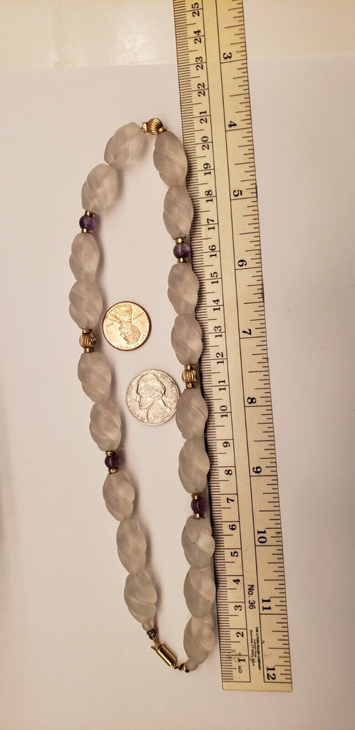 Frosted Satin white beads 16" with 14k balls, 14k clasp purple beads necklace