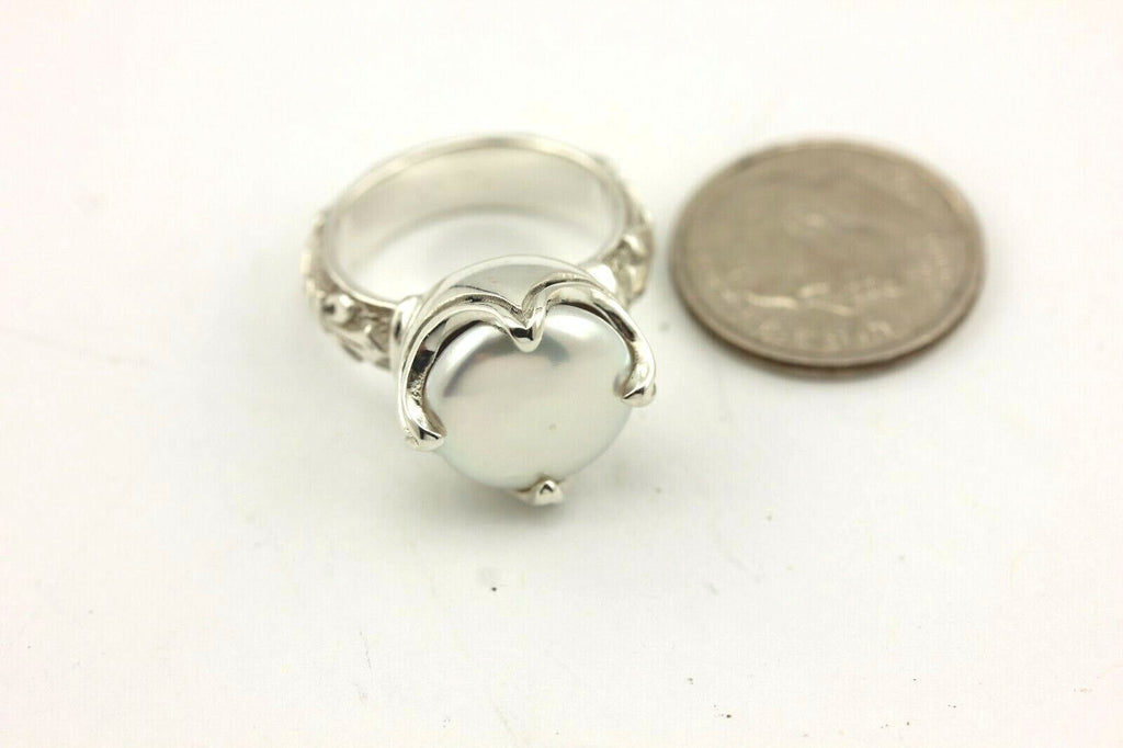 Ring sterling silver platinum alloy Pilver white button pearl fleur de lis NEW