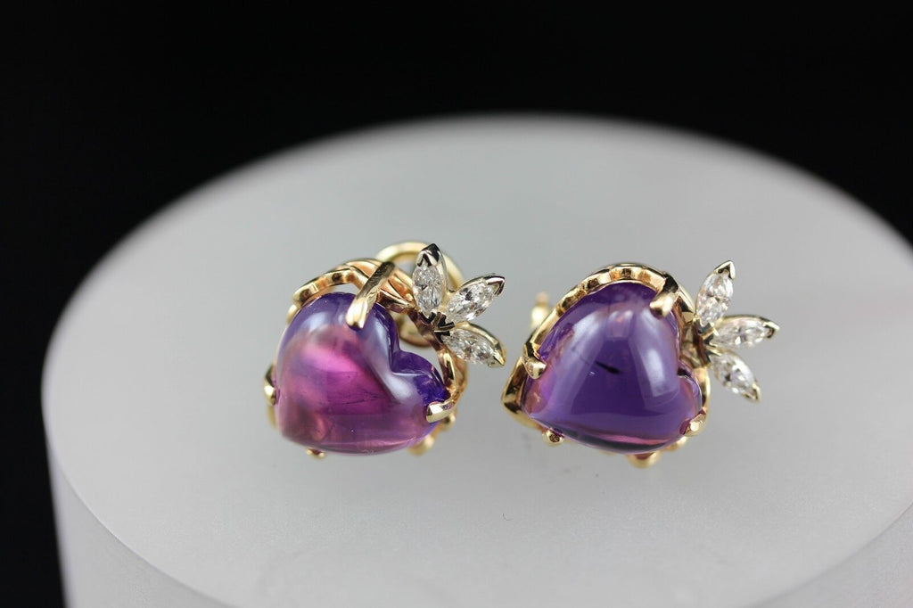 14k yellow gold purple amethyst heart diamond omega pierced earrings estate