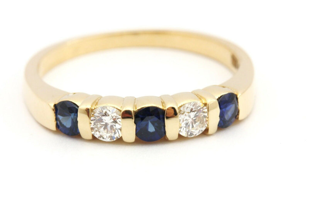 14k yellow gold 0.19ctw diamond 0.31ctw blue sapphire ring band size 5.5 2.37g