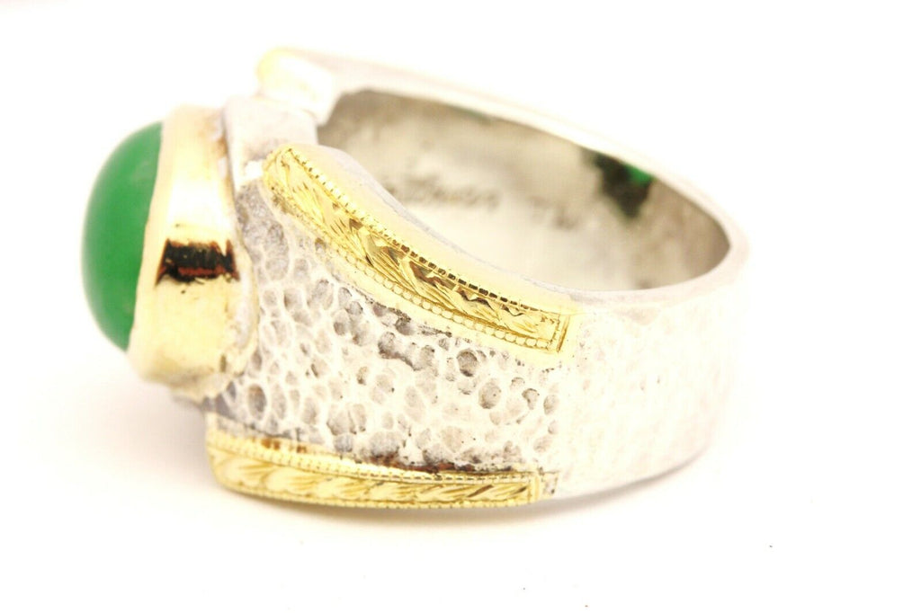 DURAN 18k yellow gold sterling silver dyed green jadeite jade ring size 9 26g