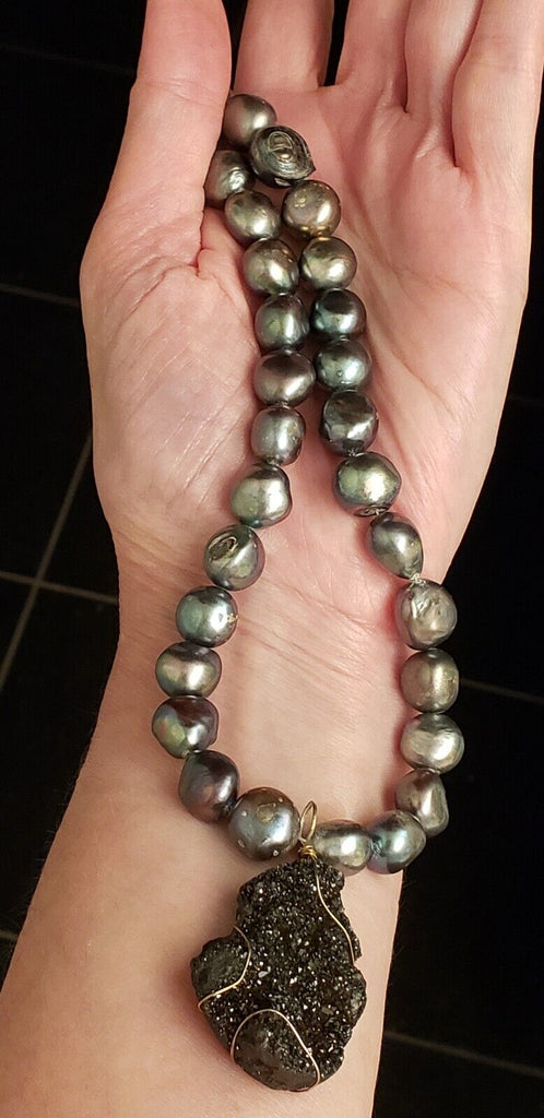 Black Baroque Pearl and Natural Geode Drusy pendant necklace, 19" 20" 21" 22"