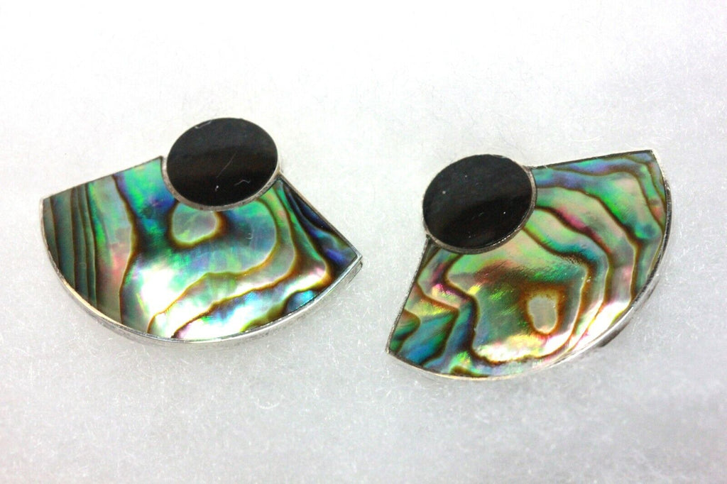 925 sterling silver abalone shell black onyx half moon stud earrings vintage 4g