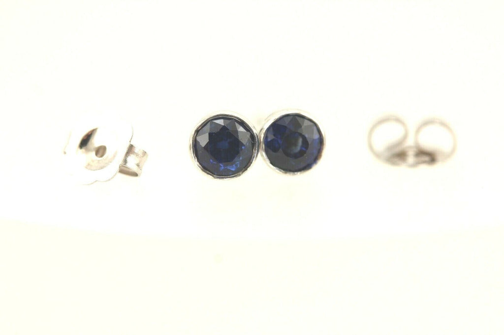 14k white gold 4mm round blue sapphire bezel stud earrings .56ctw estate