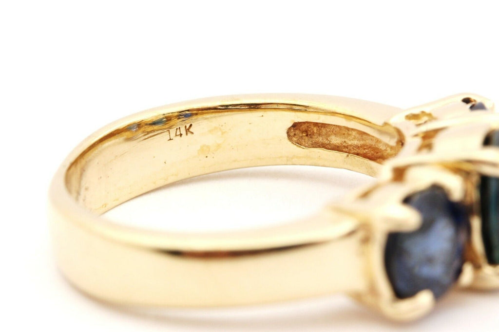 14k yellow gold 3.56ct round blue sapphire 3 stone ring size 6 5.43g estate