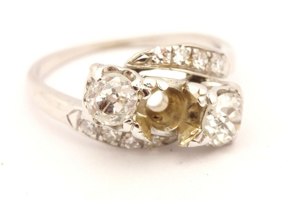 PEACOCK 14k white gold three stone diamond semi mount ring size 5.75 3.68g