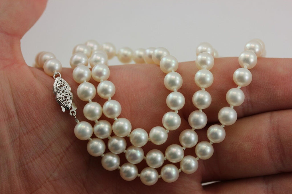 14k white gold 18" 6 mm white round cultured pearl strand necklace NEW