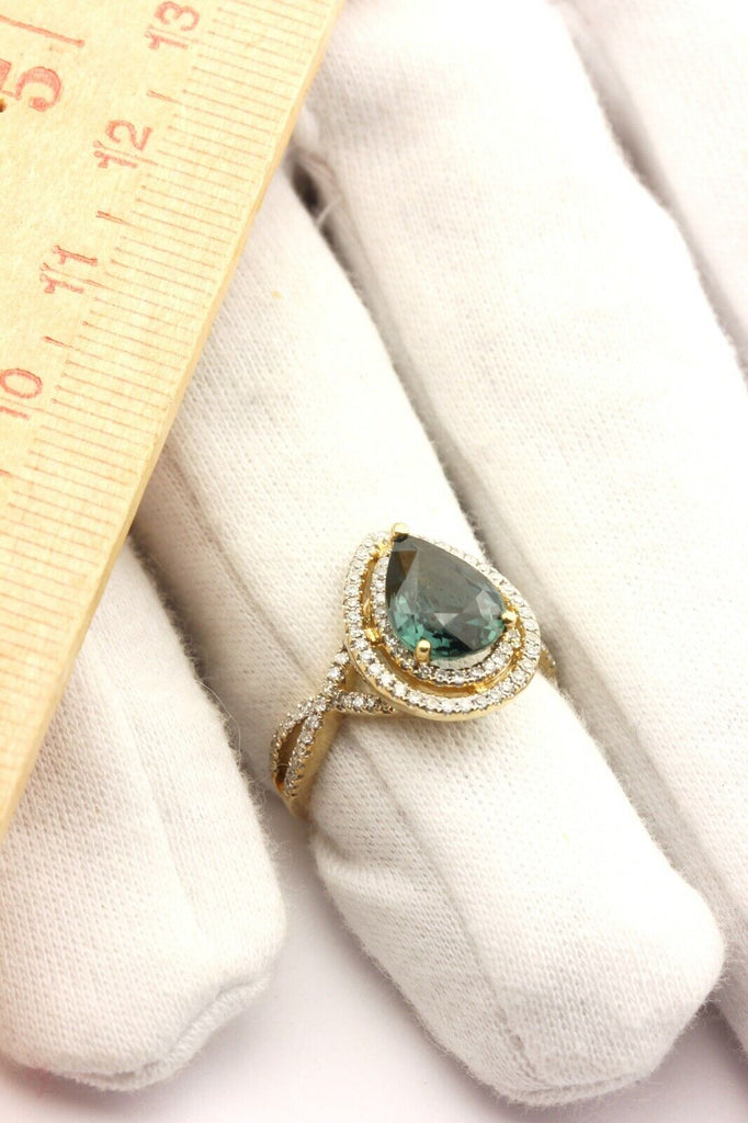 14k yellow gold blue sapphire pear double halo diamond ring size 7 4.40g new
