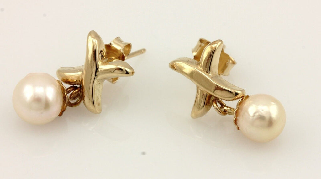 14k yellow gold X 28mm dangle earrings 6.3 - 6.6 mm round cultured pearls estate