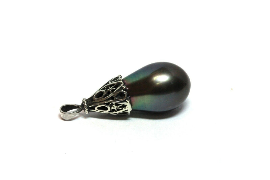 sterling silver pendant 19mm black Tahitian pearl tear drop dangle 5.51g