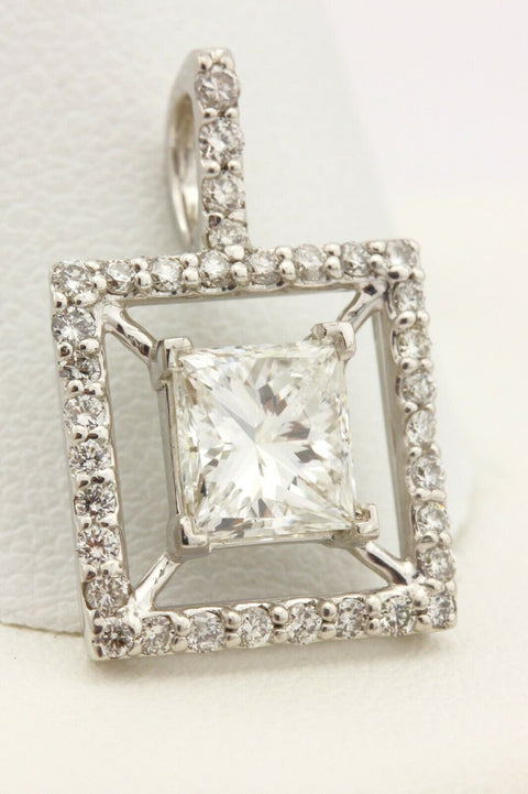 14k white gold GIA 1.01ct princess diamond 0.35ctw square halo box pendant 1.6g