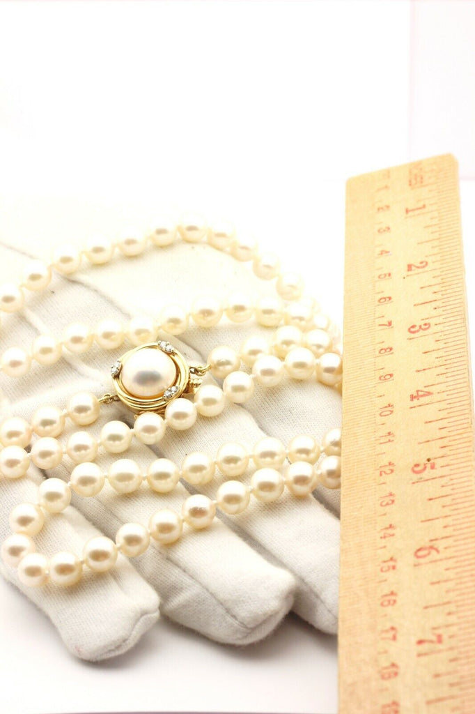 14k yellow gold round diamond Akoya pearl strand necklace 30 inch vintage estate