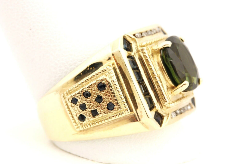14k yellow gold oval green tourmaline blue sapphire diamond ring size 13 14.2g