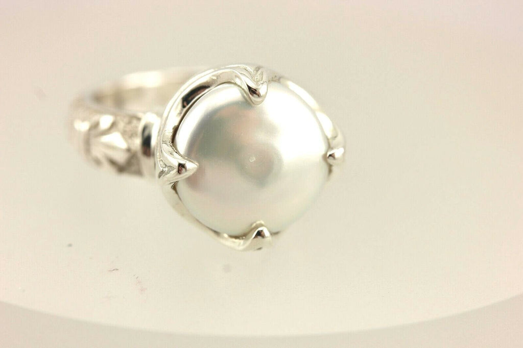 Ring sterling silver platinum alloy Pilver white button pearl fleur de lis NEW
