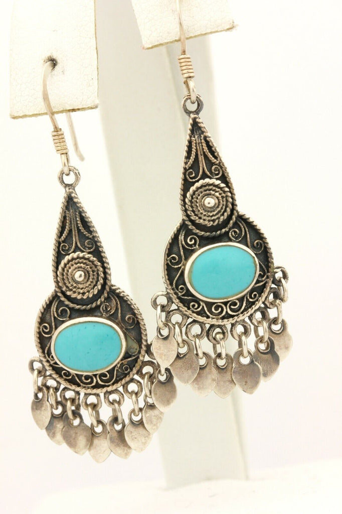 925 sterling silver turquoise hook earrings drop dangle 2.75 inch 5.8g vintage