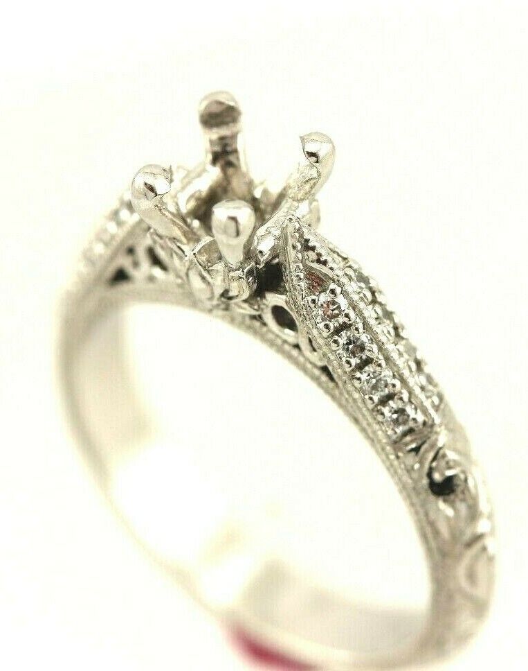 Platinum engagement ring cathedral semi mount lotus engraved diamond accents