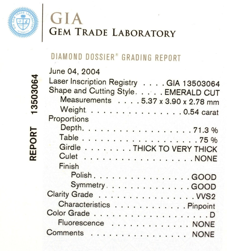GIA Certified Diamond Emerald Cut 0.54 carat D VVS2 5.37 x 3.90 x 2.78 mm loose