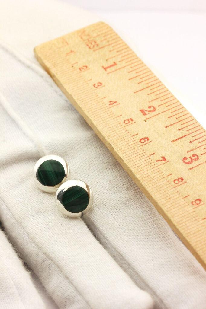 925 sterling silver 12mm stud earrings green malachite 2.25g vintage estate