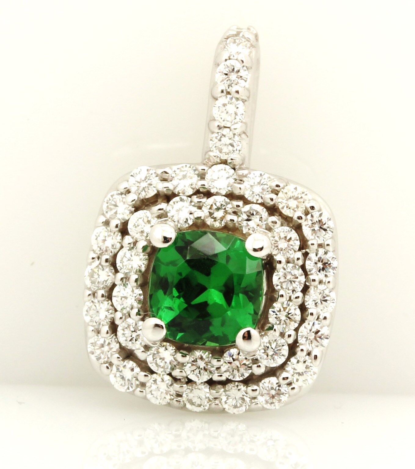 14k white gold green Tsavorite garnet cushion diamond double halo pendant NEW