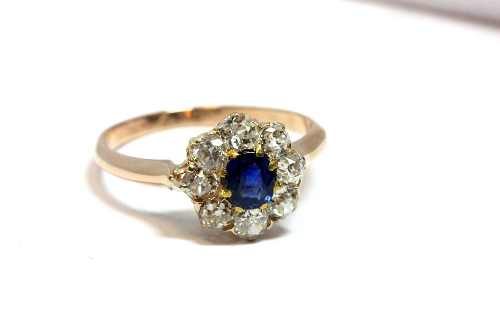 14k rose gold antique vintage sapphire diamond round cluster halo ring 2.81 grams