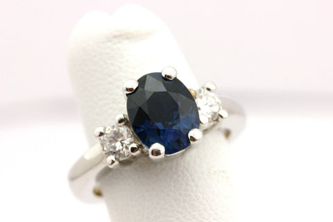 PLATINUM 3 STONE ENGAGEMENT RING 2.38 CT OVAL BLUE SAPPHIRE .33 CTW DIAMONDS