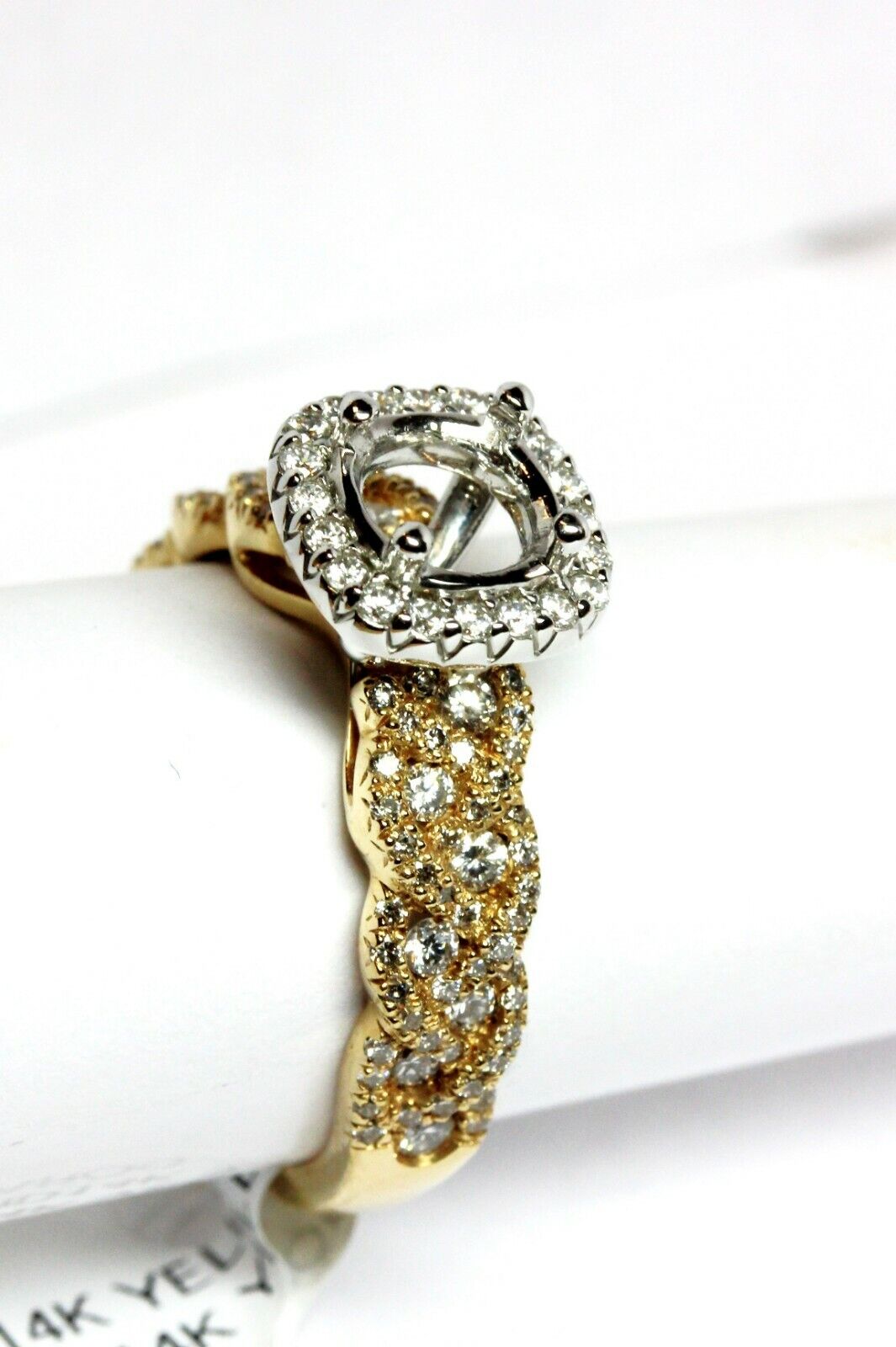 14k gold two tone halo diamond cushion semimount engagement ring braid band new