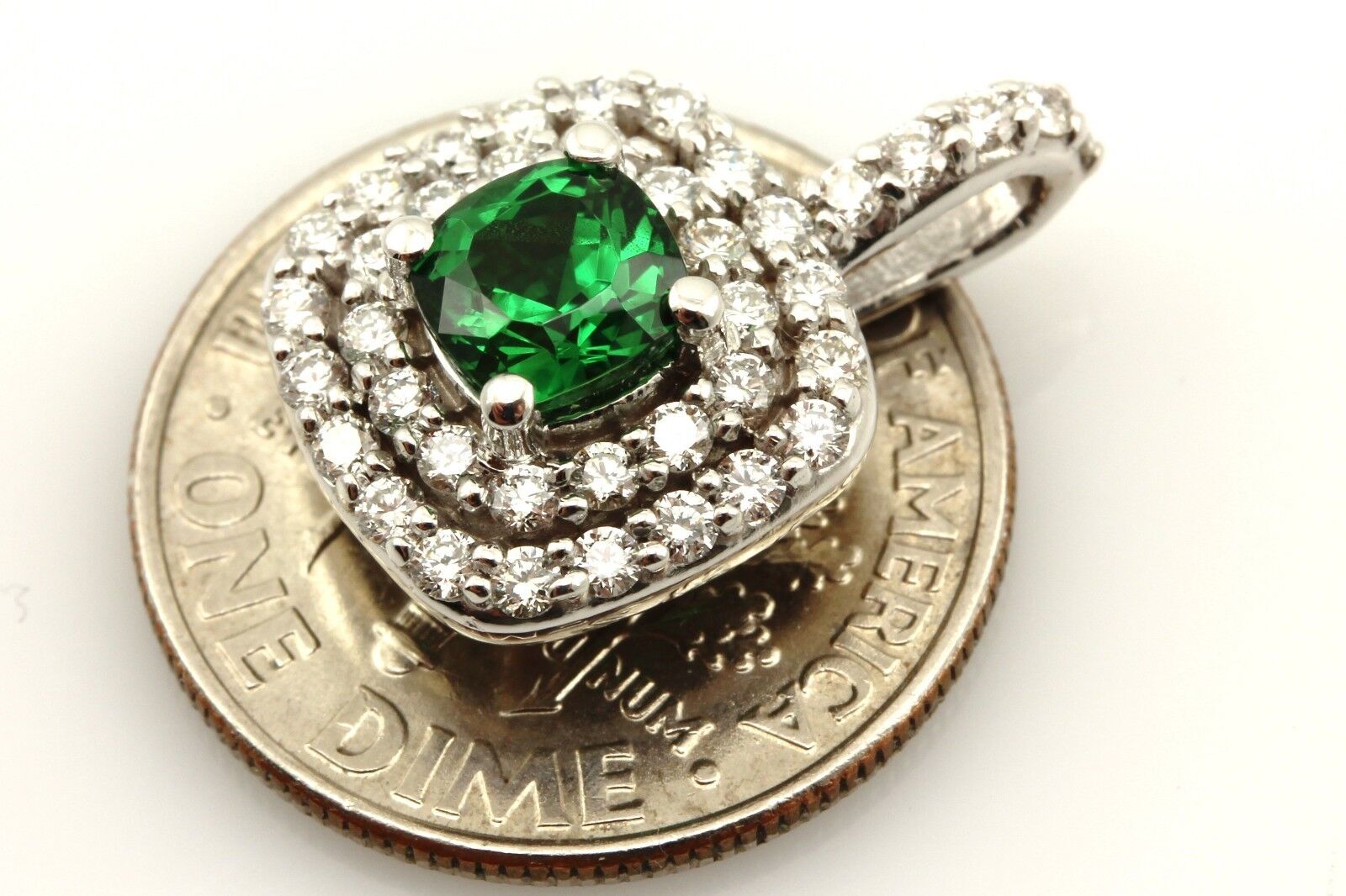 14k white gold green Tsavorite garnet cushion diamond double halo pendant NEW