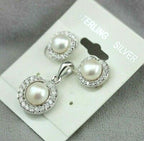 Sterling silver freshwater cultured button pearls CZ stud earrings pendant set