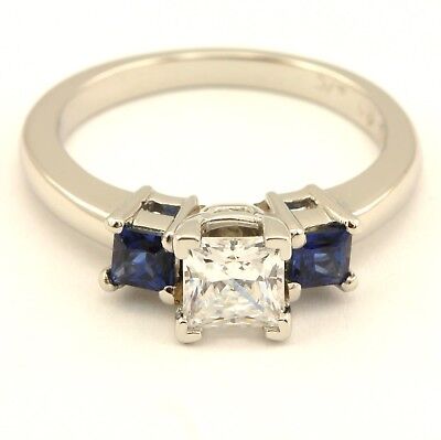 Platinum 5mm princess cut CZ natural blue sapphire three stone engagement ring