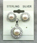 Sterling silver freshwater cultured button pearls CZ stud earrings pendant set