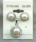 Sterling silver freshwater cultured button pearls CZ stud earrings pendant set