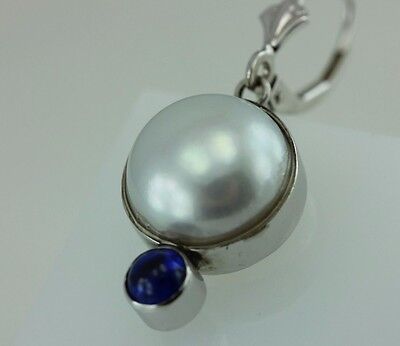 14k white gold and Pilver button pearl sapphire cabochon dangle earrings custom