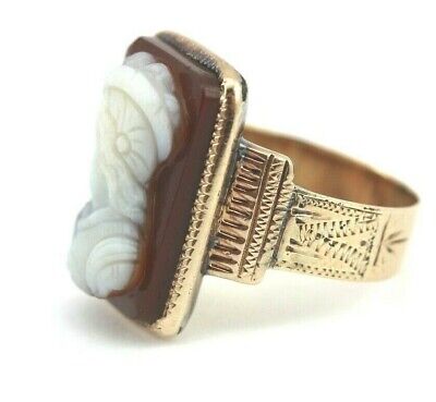 10K YELLOW GOLD CAMEO RING SZ 8 SARDONYX AGATE CHALCEDONY CARVED ENGRAVED ESTATE