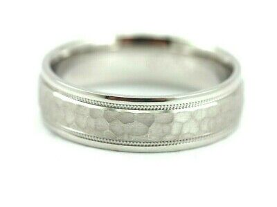 935 Argentium Silver Wedding Band Satin Hammer Milgrain 6mm Comfort Fit sz 9 new