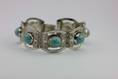 MEXICO VINTAGE ESTATE ALPACA SILVER IMITATION TURQUOISE BLUE GLASS 7" BRACELET