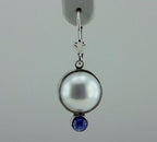 14k white gold and Pilver button pearl sapphire cabochon dangle earrings custom