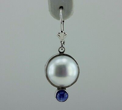14k white gold and Pilver button pearl sapphire cabochon dangle earrings custom