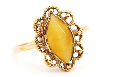 10K YELLOW GOLD 1.55 CT TIGER'S EYE QUARTZ MARQUISE FILIGREE RING VINTAGE ESTATE