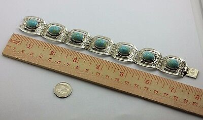 MEXICO VINTAGE ESTATE ALPACA SILVER IMITATION TURQUOISE BLUE GLASS 7" BRACELET