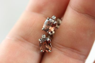 14k white gold 3.58ctw brown zircon cushion .03ctw diamond stud earrings NEW