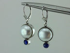 14k white gold and Pilver button pearl sapphire cabochon dangle earrings custom