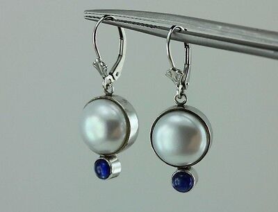 14k white gold and Pilver button pearl sapphire cabochon dangle earrings custom