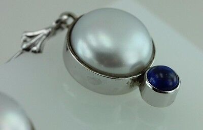14k white gold and Pilver button pearl sapphire cabochon dangle earrings custom