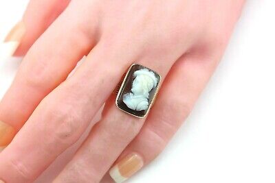 10K YELLOW GOLD CAMEO RING SZ 8 SARDONYX AGATE CHALCEDONY CARVED ENGRAVED ESTATE