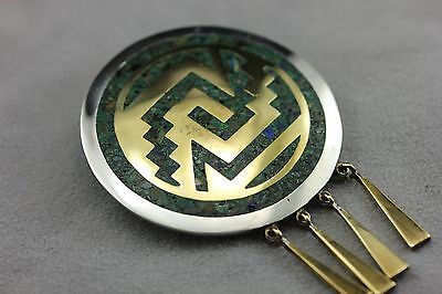 925 sterling silver brass turquoise Aztec pin brooch pendant Taxco Mexico  estate - Finer Jewelry, Inc.