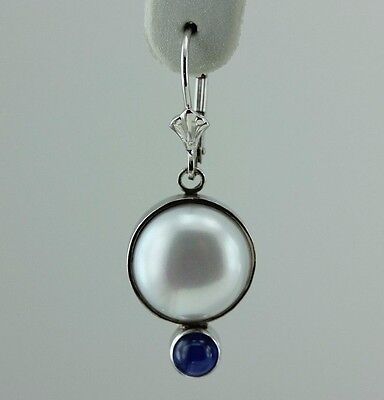 14k white gold and Pilver button pearl sapphire cabochon dangle earrings custom