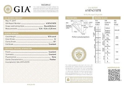 GIA loose natural round brilliant diamond 0.54ct G SI1 3 EX 5.24-5.26x3.25mm NEW